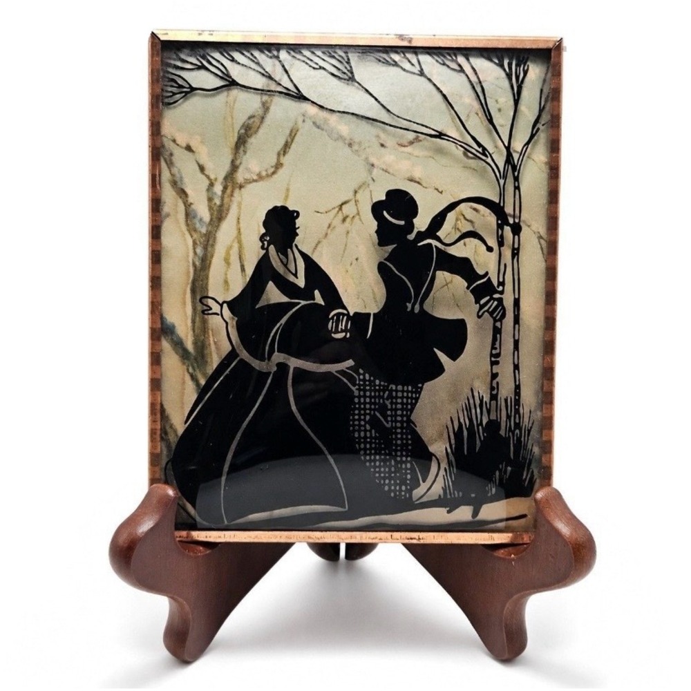 Vintage Silhouette Reverse Glass Painting Couple‎ Winter Scene Copper Frame 4x5
